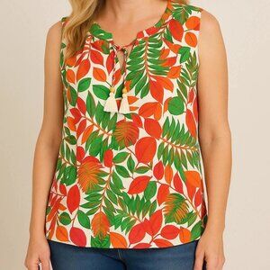 Rose + Olive Top 1X tropical print boho sleeveless tie neck tassels colorful
